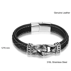316L stainless steel hardware and black genuine leather bracelet design, technical flat lay photography