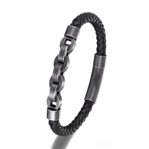 Black braided leather and gunmetal stainless steel chain gothic bracelet for men, side oblique view showcasing hybrid braid and chain design