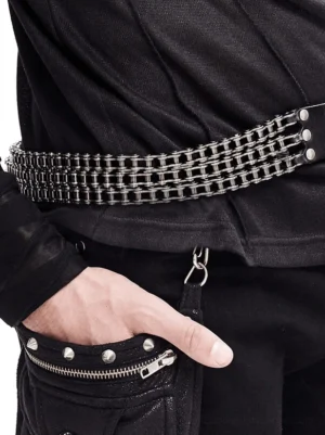 Men's black leather motorcycle chain belt worn on jeans, waist side view showcasing dual metal chain design and gothic styling