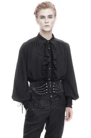 Men's gothic punk waist corset belt with multi-chain hardware worn by model, front full-body view showing black synthetic leather with metal chains and zipper closure