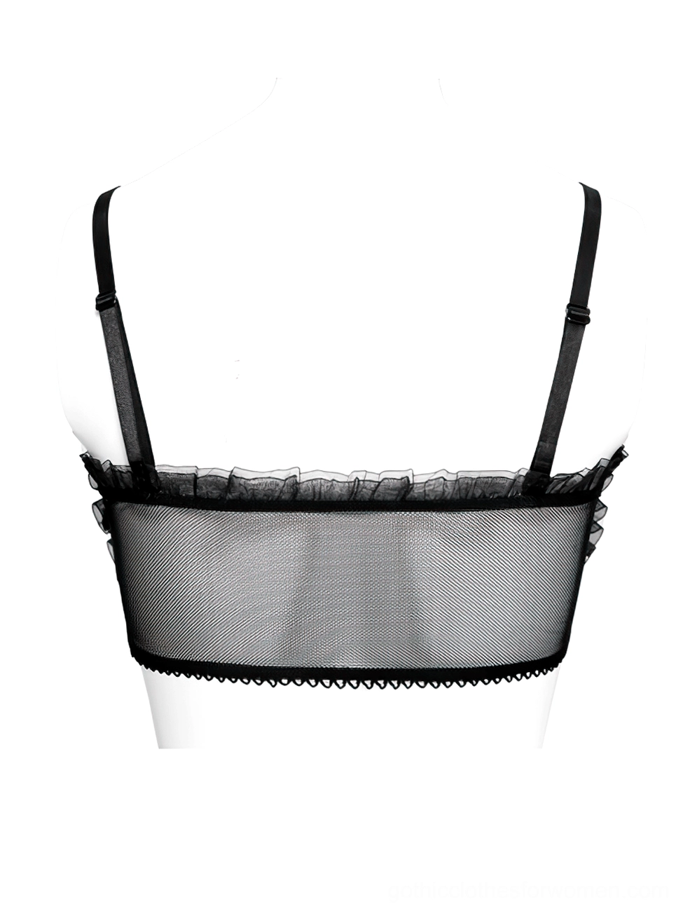 Back view of sheer black mesh gothic bustier on mannequin display, featuring ruffled hem trim and adjustable strap design for alternative fashion