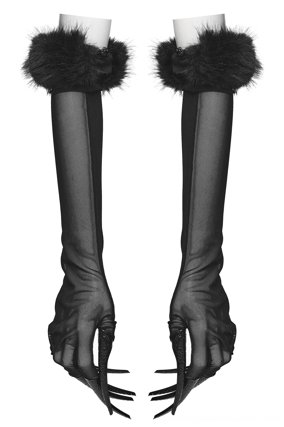 Mannequin hands showing mesh gothic gloves with sharp demon claw finger tips and soft black fur cuffs, front view detail