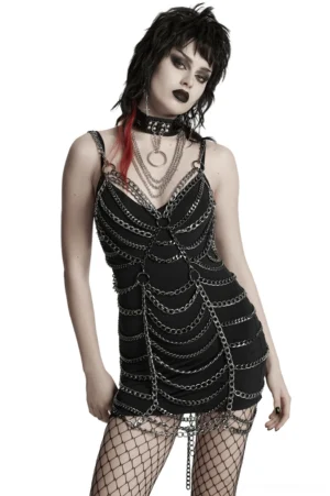 Front full-body view of aluminum chain harness dress on gothic model, showcasing gunmetal metal chains on black base fabric against white studio background