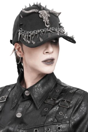 Black metal spike bull skull gothic baseball cap front close-up view on male model with detailed spike and chain trim design