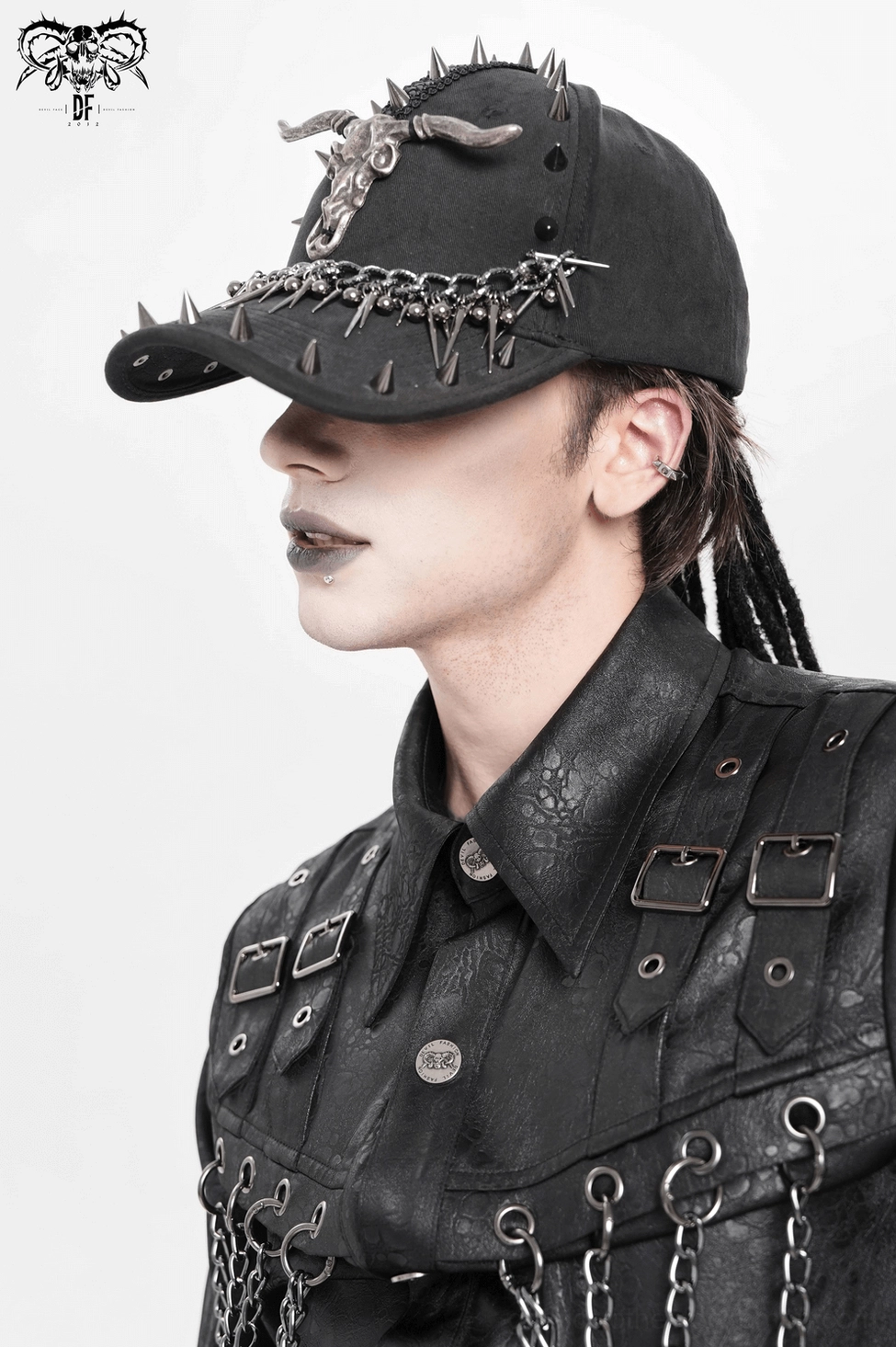 Black metal spike bull skull gothic baseball cap front display showing complete design and chain draping