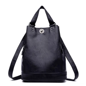 Midnight blue dark PU leather bucket backpack with dual adjustable shoulder straps and padded top handle