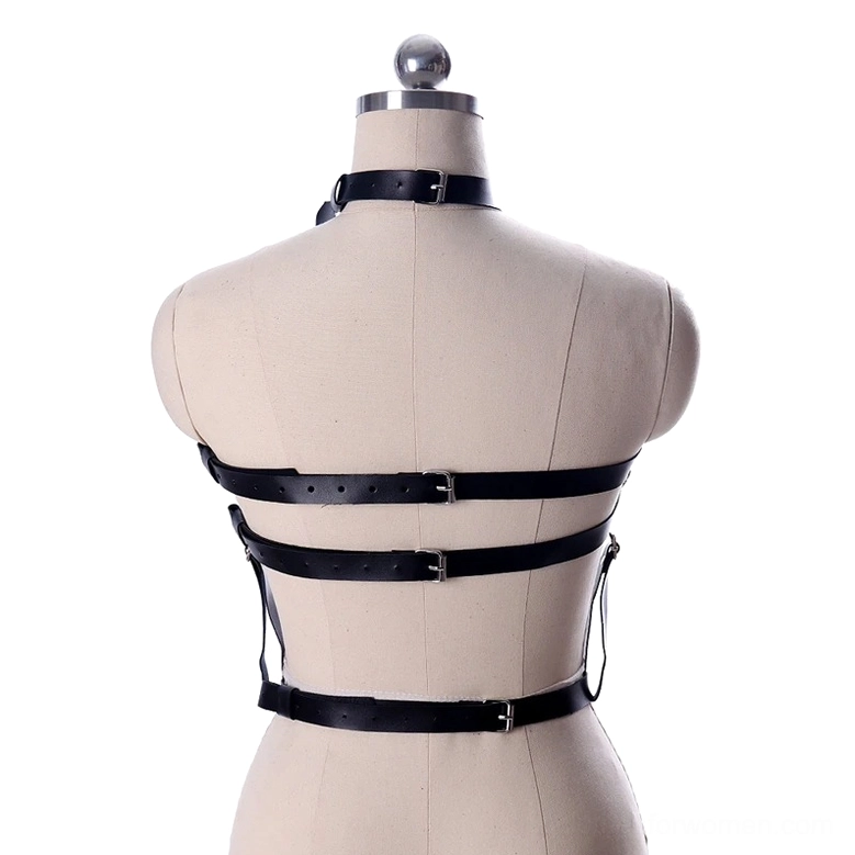 Mini black bondage chest harness front view, PU leather with chains and O-rings, compact gothic harness design for smaller frames