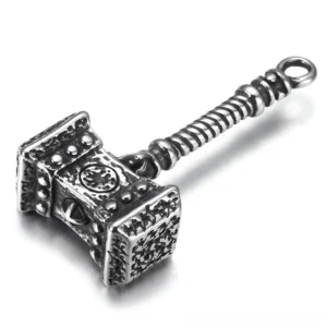 Mjolnir Thor hammer gothic pendant stainless steel with Nordic rune engraving oblique view