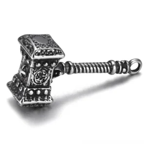 Vintage distressed silver Mjolnir pendant with studded hammer head top-down angle