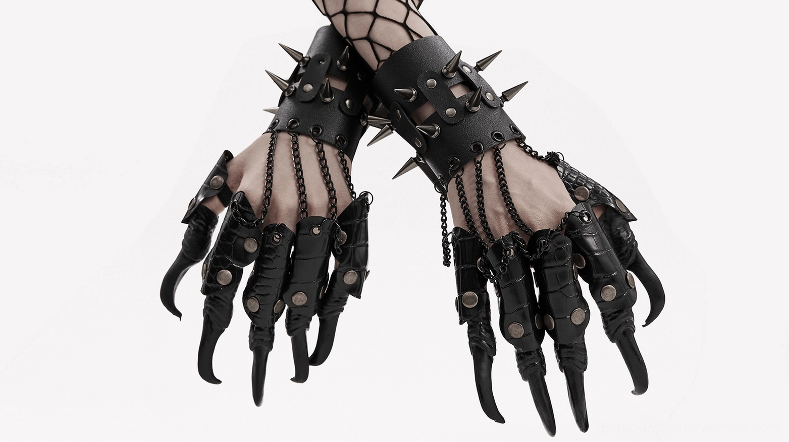 Black spiked claw gloves on model's hands with fishnet stockings, close-up of claw design and chain details