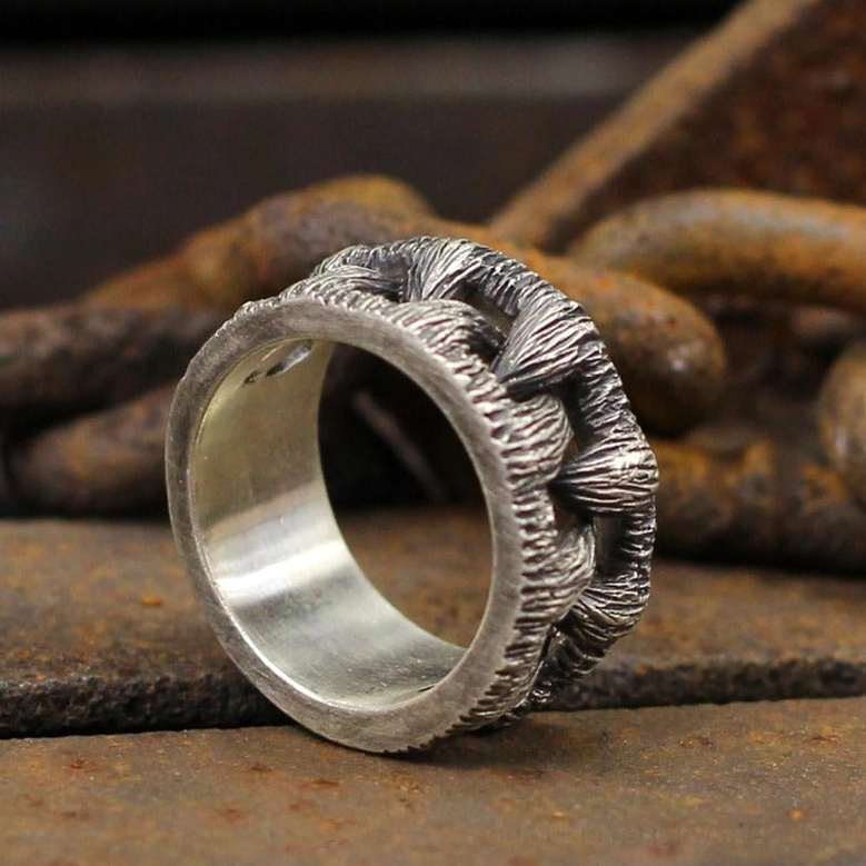 Monster teeth ring rear view showing rusty metal chains and aged gothic aesthetic, vintage stainless steel construction with authentic decay patina