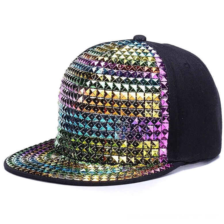 Multicolor rainbow pyramid stud snapback cap with iridescent studs on dark fabric panels