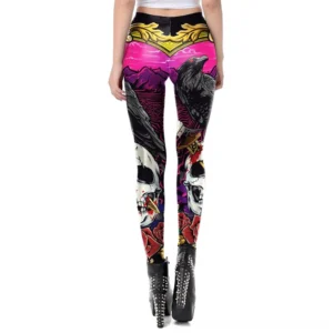 Multicolor skull head print gothic leggings back view, full length women's pants showcasing rear design and high-waist gold band detail