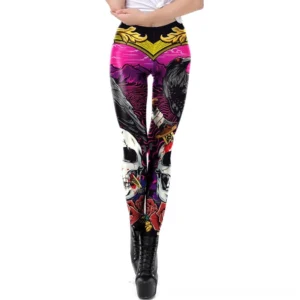 Multicolor skull head print gothic leggings front view, women's ankle-length pants with horror-themed all-over design and decorative gold waistband