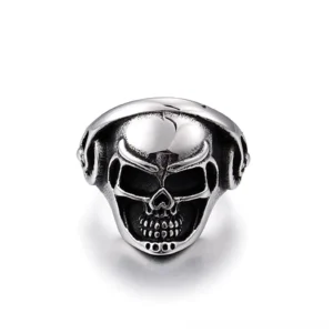 Music skull gothic ring stainless steel with headphone and gear details frontal view