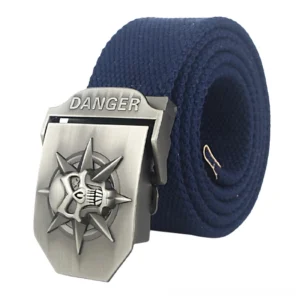 Navy blue gothic punk canvas belt with danger skull metal buckle detail