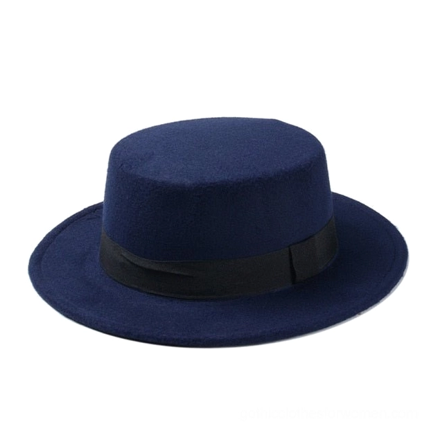 Navy blue wool felt gothic fedora with flat top design and ribbon trim, overhead perspective
