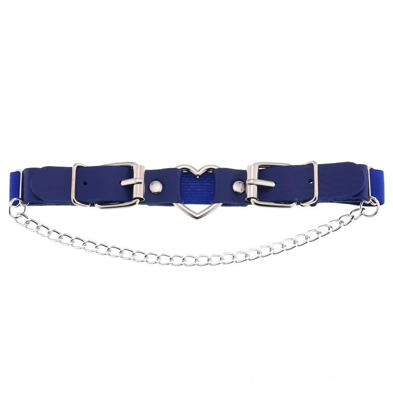 Navy blue gothic leg harness with heart charm and hanging chain, flat lay product photography