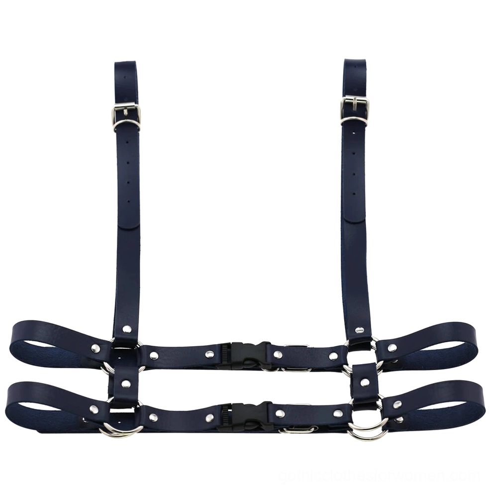 Navy blue leather body harness flat lay front view featuring silver metal buckles, rivets, and neo-gothic styling