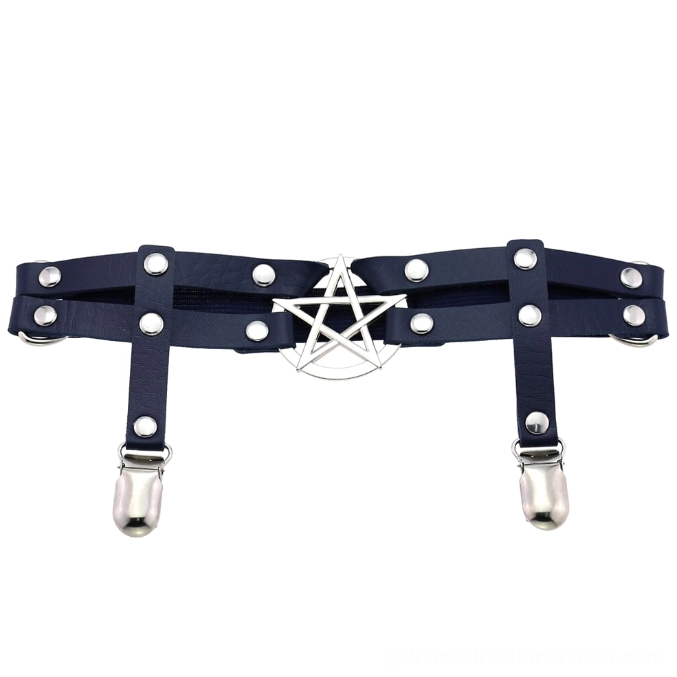 Navy blue pentagram PU leather leg garter belt flat lay product photography, showing silver pentagram pendant and metal hardware details on white background