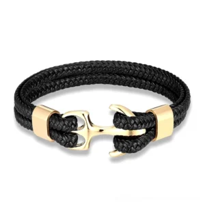 Navy blue leather rope bracelet with polished gold stainless steel anchor clasp, nautical goth style jewelry