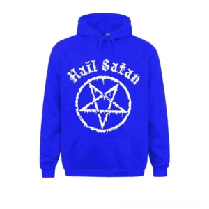 Navy blue satanic pentagram hoodie with white gothic typography - unisex hooded sweatshirt alternative style flat lay