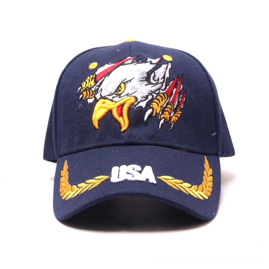 Navy gothic military cap with embroidered eagle head and USA text - direct front view