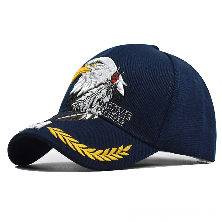 Navy blue tactical cap with golden wheat pattern brim and gothic eagle embroidery left side