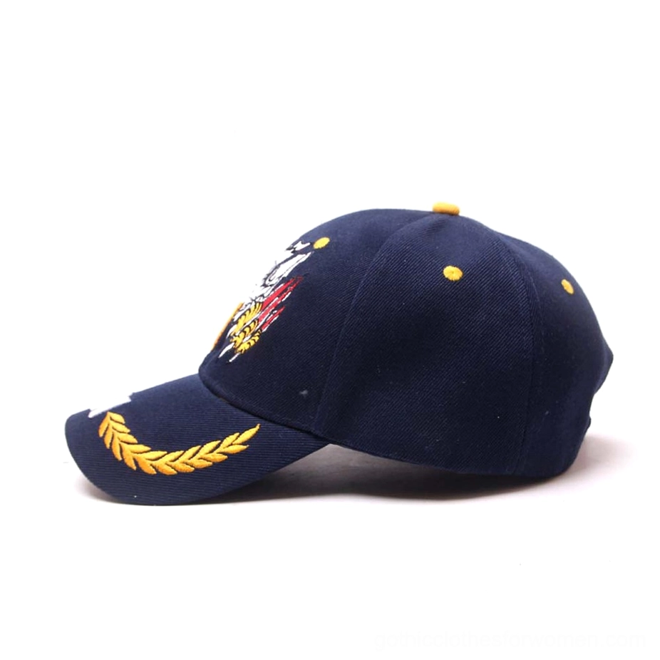 Navy blue gothic military baseball cap - side rear view showing golden ventilation details