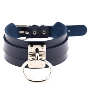 Navy blue vegan leather gothic choker necklace with metal O-ring accent, front flat product photography