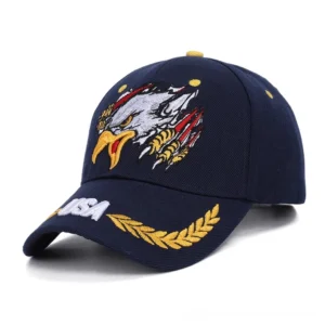 Navy blue gothic eagle embroidered baseball cap with USA text and golden details - studio shot