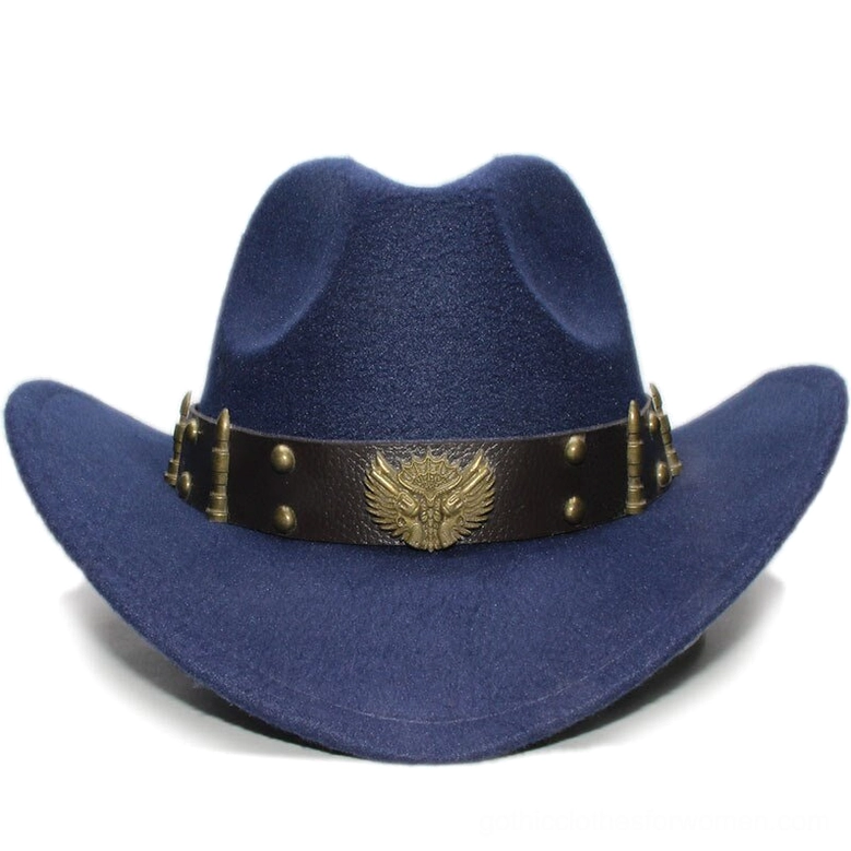 Navy blue gothic fedora hat front view - alternative rock western style headwear