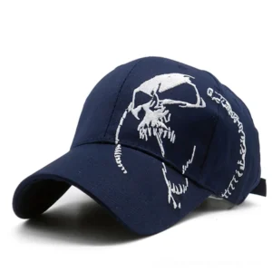 Navy blue skull embroidered gothic baseball cap with white chain motif alternative fashion