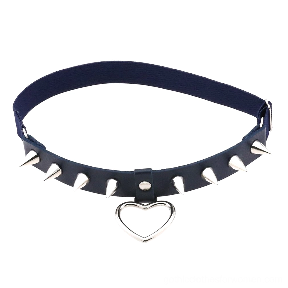 Navy gothic spike heart leg garter belt with adjustable elastic band and metallic studs, studio display view