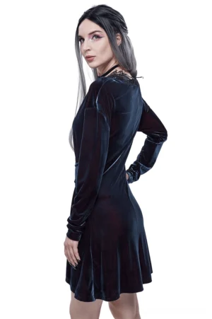 Navy velvet gothic dress back and side profile showing lace neck trim and flared skirt
