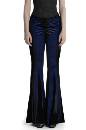 Navy velvet flare pants with black side inserts front view showcasing ruched detail and slim fit silhouette on model