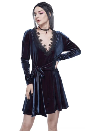 Navy velvet gothic wrap dress front view with black lace V-neck and waist tie, worn by model