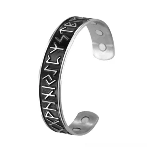 Nordic rune open cuff magnetic therapy bracelet black stainless steel gothic bangle top view
