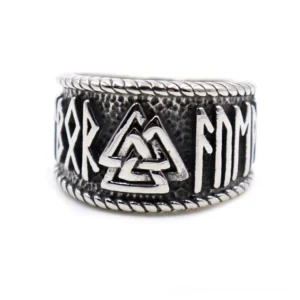 Nordic rune amulet ring with dark patina silver finish, twisted rope trim, and sacred Valknut symbol engravings, detailed front close-up