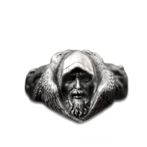 Norse mythology wolf ring direct front flat view showing intricate facial features and textured fur details in dark silver