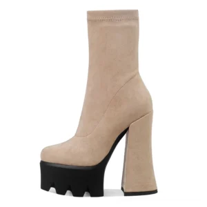 Nude beige platform ankle boots with chunky block heel and textured serrated sole, side view gothic aesthetic