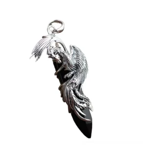 Black obsidian phoenix pendant sterling silver left front view with intricate feather carving detail on pure white background