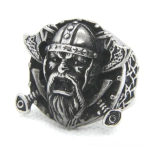 Odin's Shield Viking ring in stainless steel - front view showing detailed bearded warrior face with helmet and dual axes