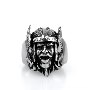 Gothic Odin Head Ring Front View - Detailed Carved Warrior Facial Features Stainless Steel