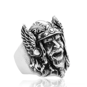 Odin Viking Head Gothic Ring Stainless Steel - Oblique Front View on White Background