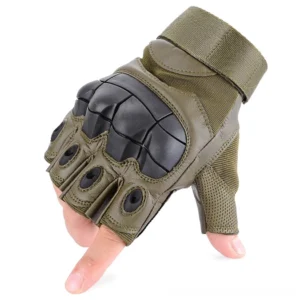Olive green combat fingerless gloves with mesh panels and hard plastic knuckle protection, front view on mannequin hand