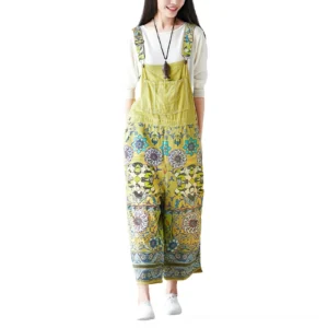Olive green ethnic floral print wide-leg gothic pants full front studio shot with intricate botanical patterns