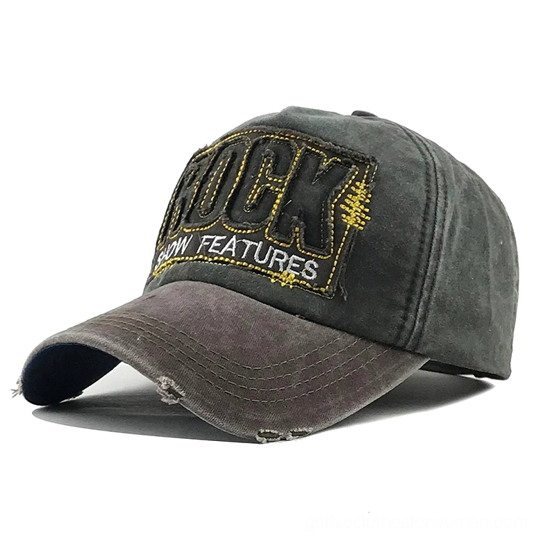 Olive green washed denim gothic baseball cap with ROCK embroidery and weathered brim detail