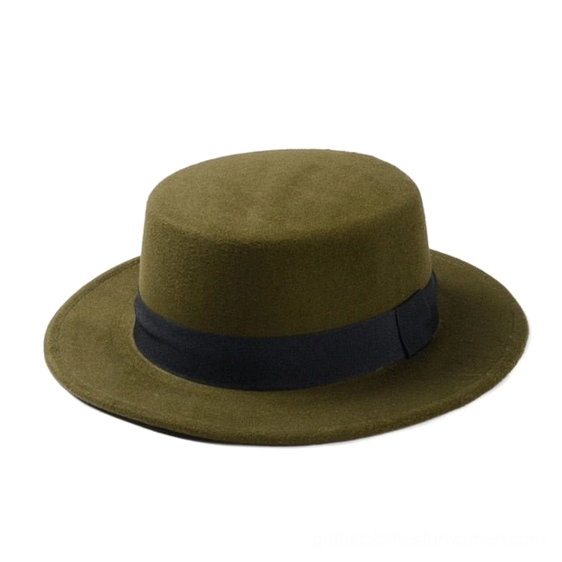Olive green wool felt gothic fedora with flat crown and ribbon trim, overhead perspective