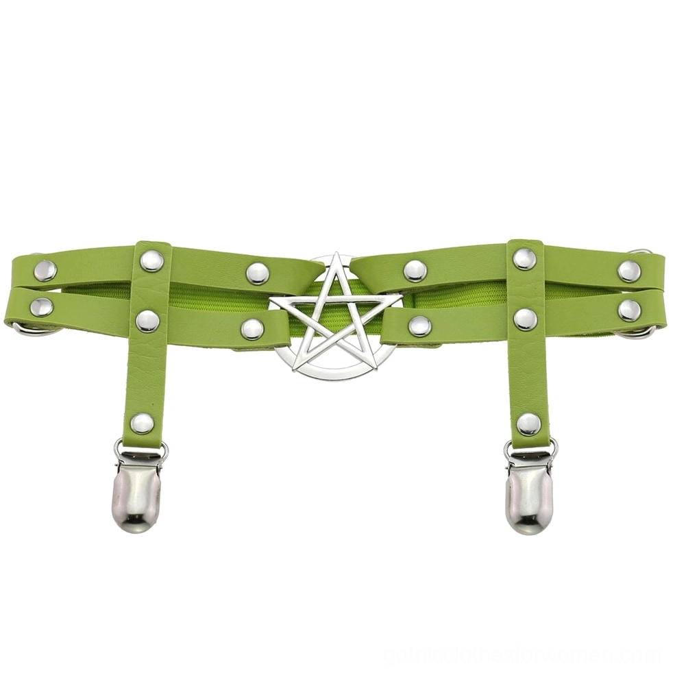 Olive green pentagram PU leather leg garter belt flat lay product shot, displaying silver pentagram charm and metal clip fasteners on neutral background
